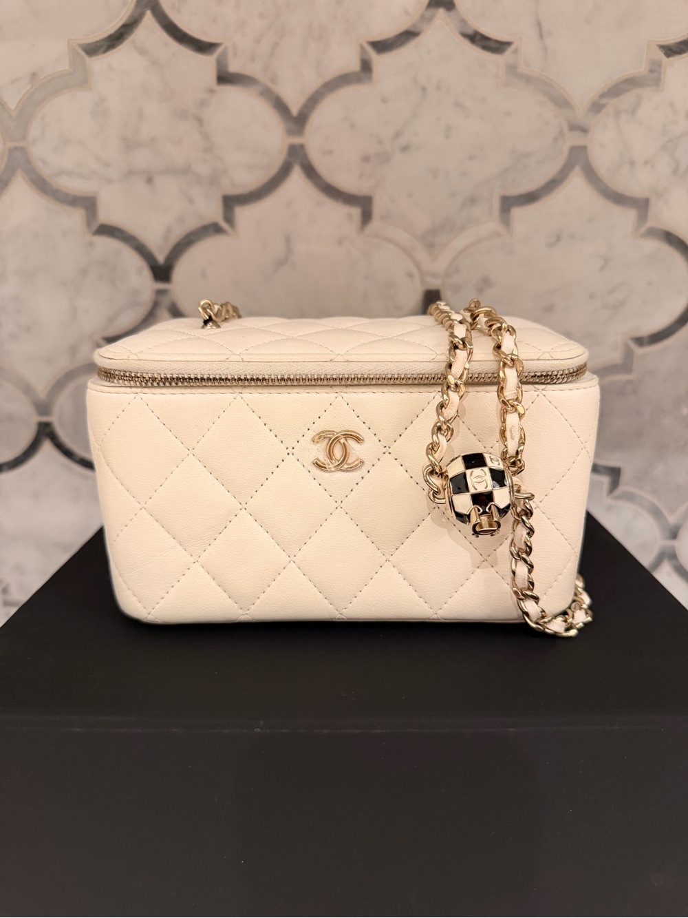 CHANEL  Quilted Vanity Crossbody with Gold and B/W checkered Chain